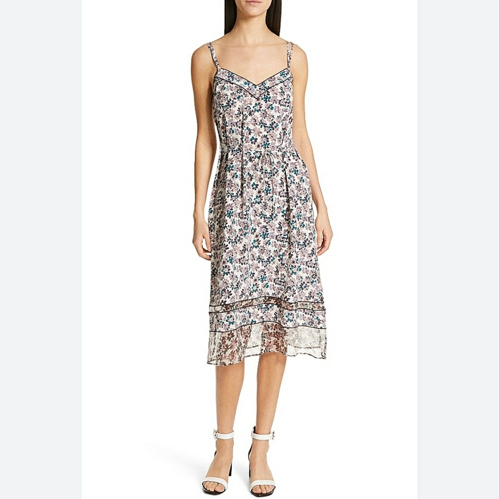Rag & Bone Ilona Floral Midi Slip Dress Silk Cream Purple Cocktail Whimsical S